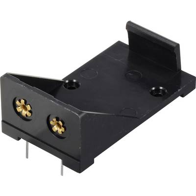 Ein schwarzer Kunststoffstecker mit zwei goldfarbenen Schraubköpfen und zwei Metallstiften an der Unterseite, dient zur elektrischen Verbindung.