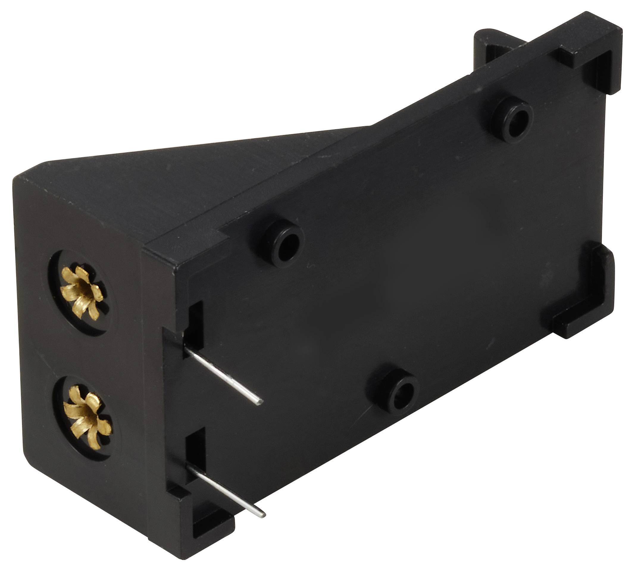Ein schwarzes, rechteckiges elektronisches Bauteil mit zwei sichtbaren Anschlusspins und goldenen Schraubenköpfen auf der Seite.