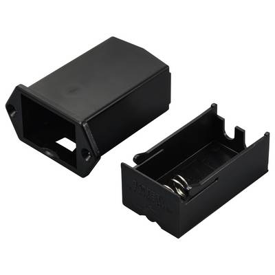 'Schwarzer Kunststoff-Batteriehalter, getrennte Ober- und Unterseite, für zwei AA-Batterien, mit Federn und Anschlussklemmen.'