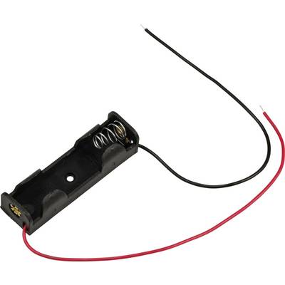 Batteriehalter aus Kunststoff mit zwei Drähten, einer rot und einer schwarz, für die Verkabelung.