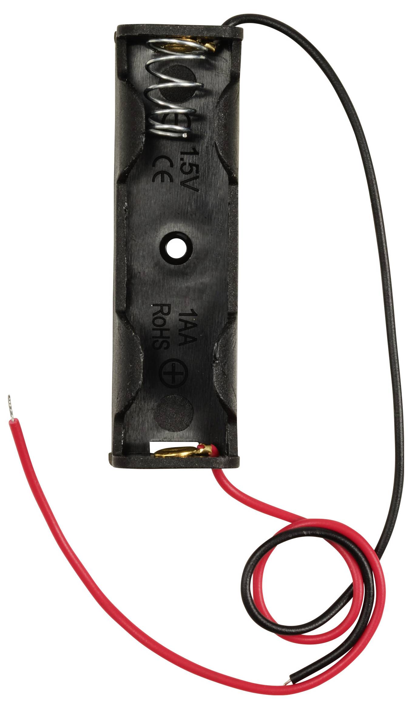 'Schwarzer 1,5V Batteriehalter mit roten und schwarzen Drähten, geeignet für AA-Batterien.'