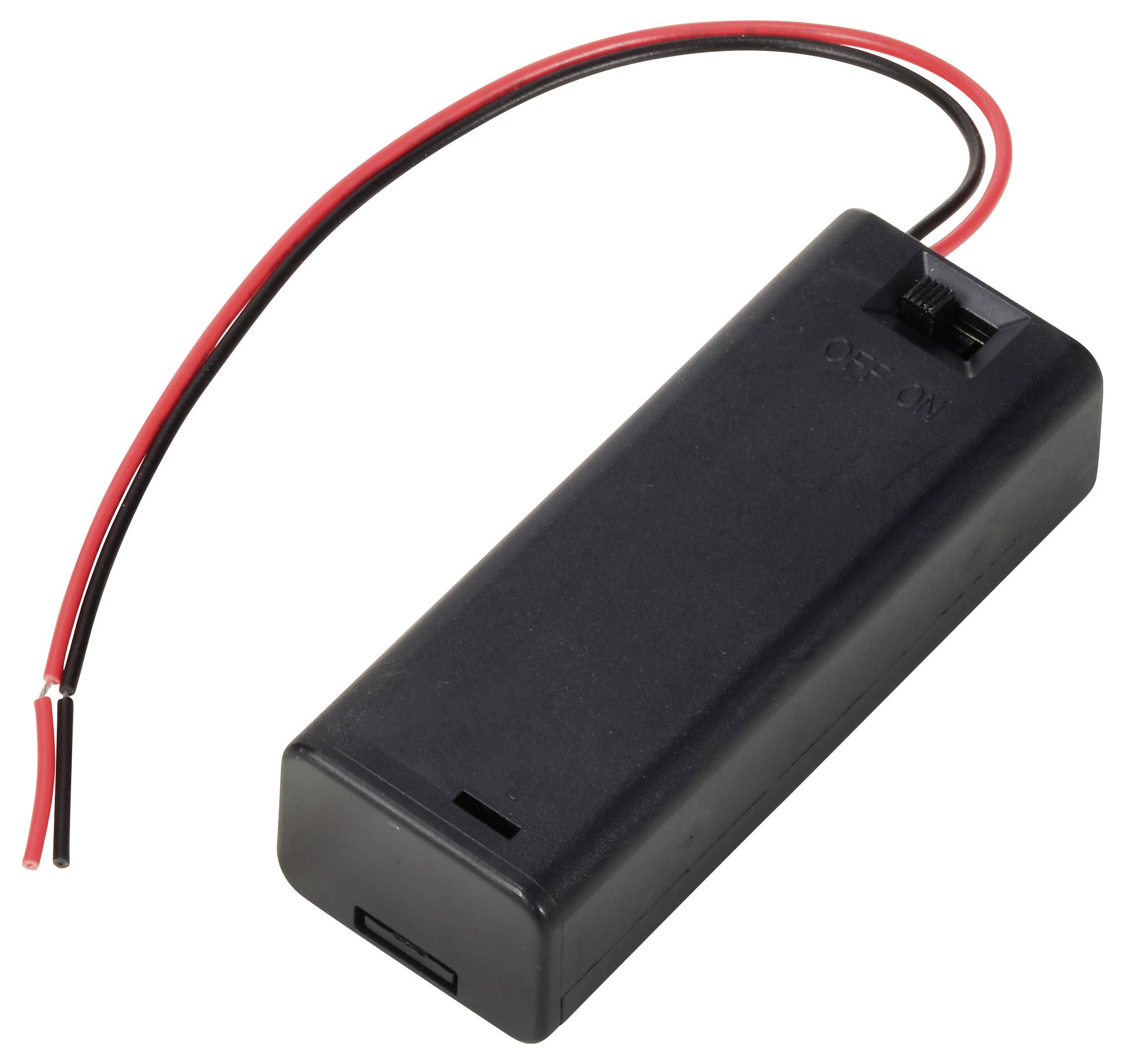 Schwarzes Batteriegehäuse mit rotem und schwarzem Kabel an einem Ende und einem kleinen Schalter auf der Oberseite.