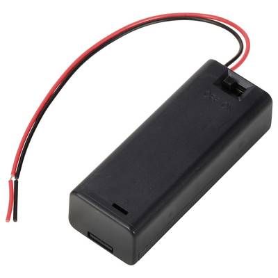 Schwarzes Batteriegehäuse mit rotem und schwarzem Kabel an einem Ende und einem kleinen Schalter auf der Oberseite.