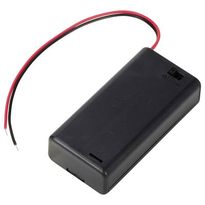 Schwarzes Batteriefach mit zwei abgehenden Drähten, einem roten und einem schwarzen, zur Stromversorgung von elektronischen Geräten.