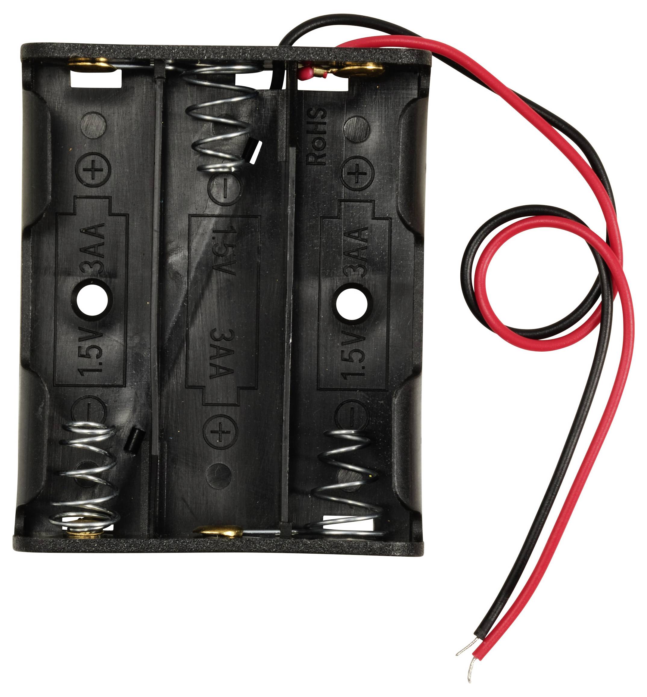 Schwarze Batteriefachhalterung für vier AA-Batterien mit roten und schwarzen Anschlussdrähten.