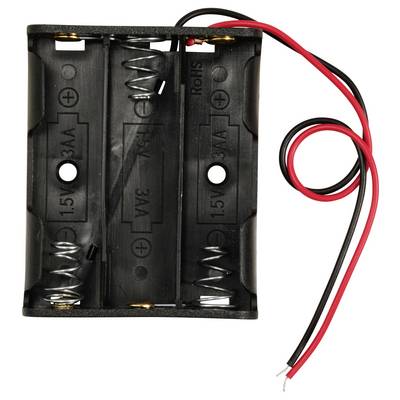 Schwarze Batteriefachhalterung für vier AA-Batterien mit roten und schwarzen Anschlussdrähten.