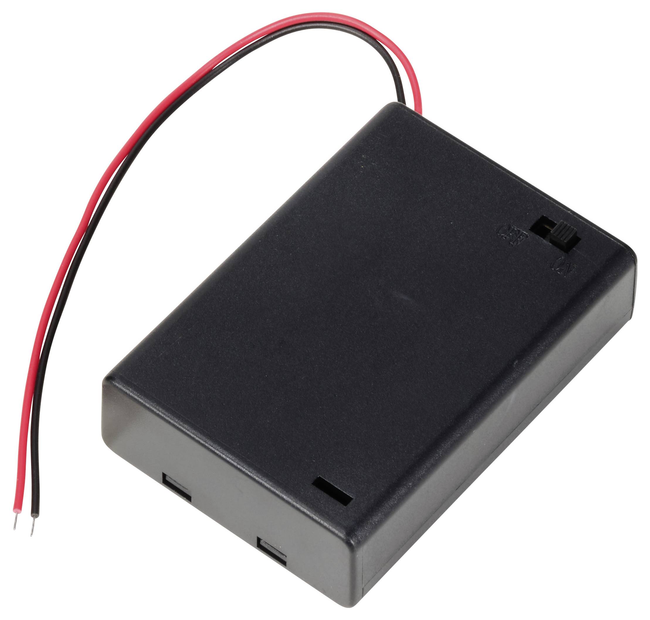 Schwarzes Batteriefach mit zwei herausragenden Drähten, rot und schwarz, zur Stromversorgung von kleinen elektronischen Geräten.