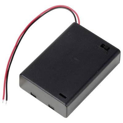 Schwarzes Batteriefach mit zwei herausragenden Drähten, rot und schwarz, zur Stromversorgung von kleinen elektronischen Geräten.