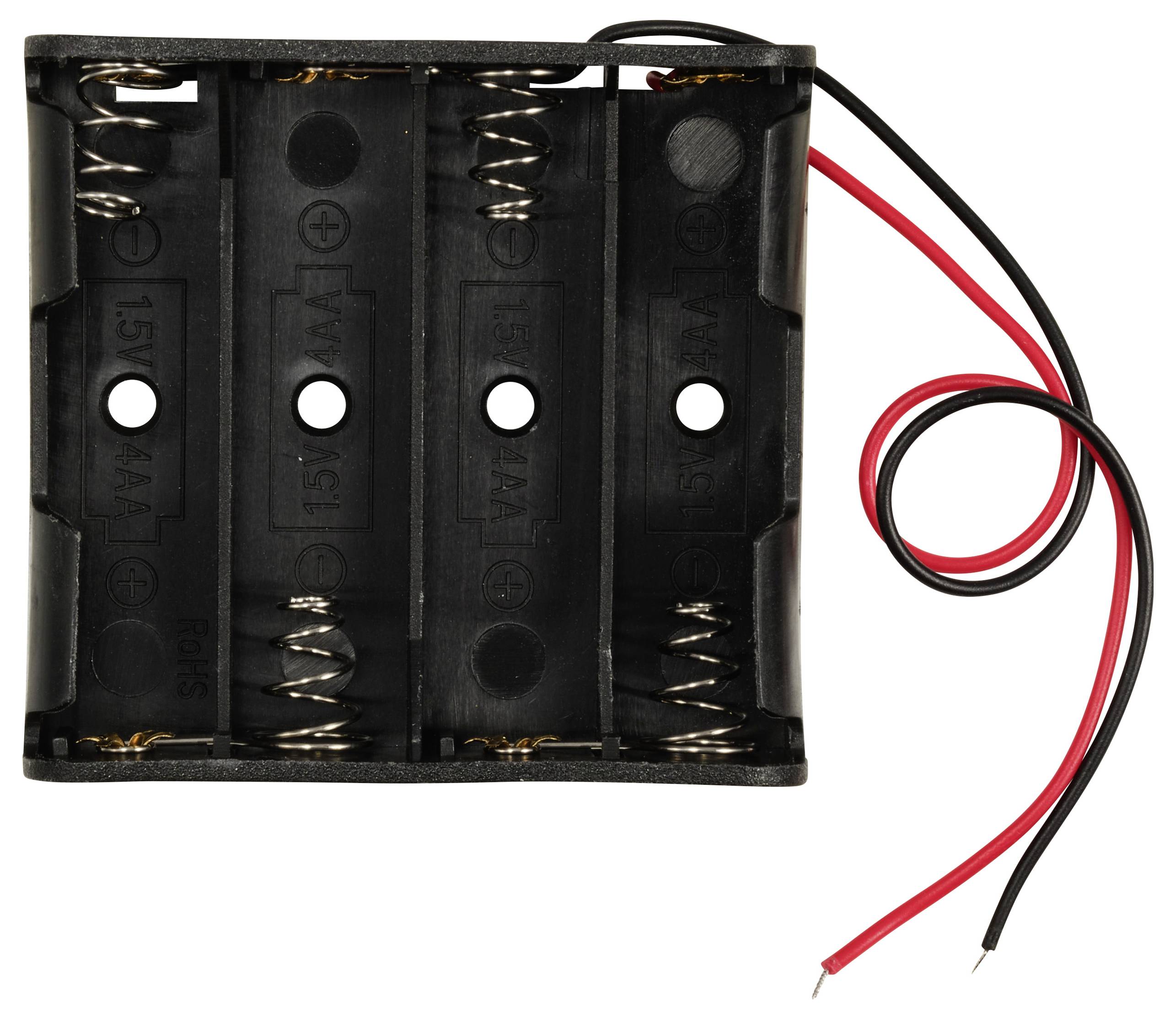 Schwarzer Batteriefachhalter aus Kunststoff für vier AA-Batterien mit zwei Anschlussdrähten in Rot und Schwarz.