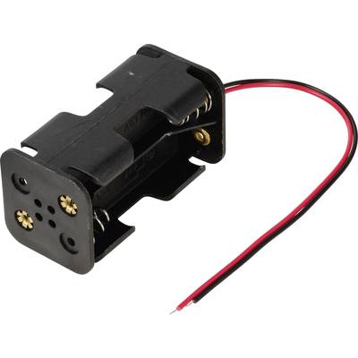'Schwarzer Batteriehalter für zwei AA-Batterien mit roten und schwarzen Anschlusskabeln.'