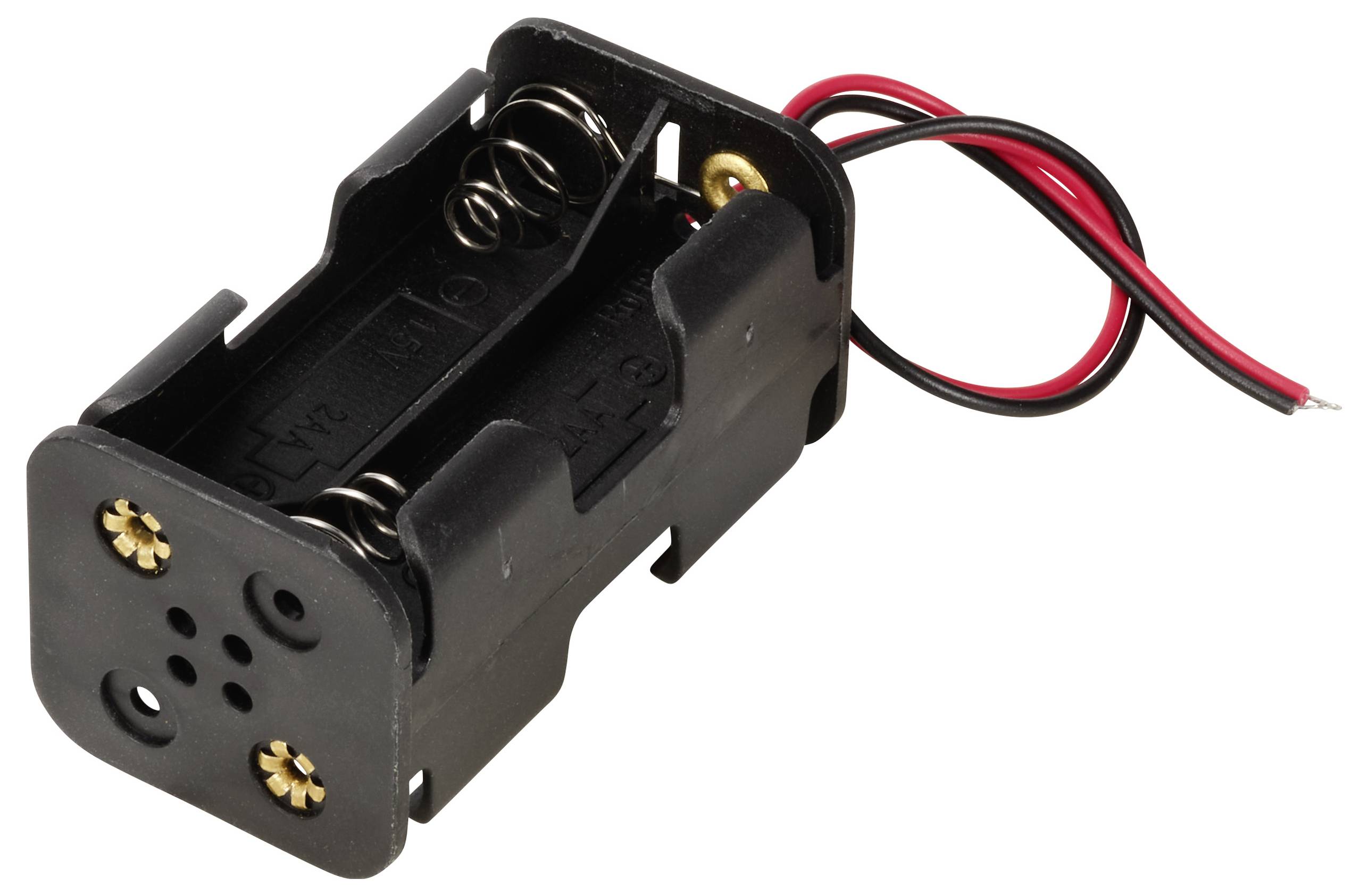 Ein schwarzer Batteriefachhalter für zwei AA-Batterien mit roten und schwarzen Anschlussdrähten links oben.