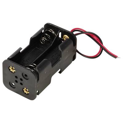 Ein schwarzer Batteriefachhalter für zwei AA-Batterien mit roten und schwarzen Anschlussdrähten links oben.