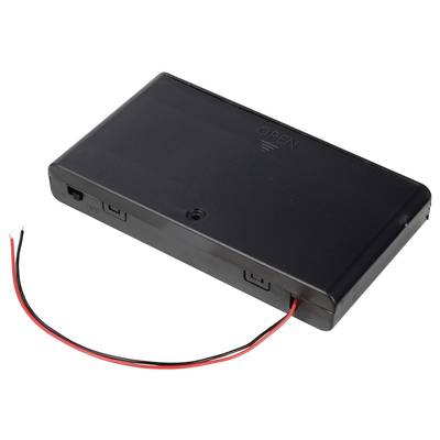 Rechteckiges schwarzes Batteriefach mit roten und schwarzen Kabeln. Oberseite mit Beschriftung 'OPEN'. Geeignet für flache Installationen.