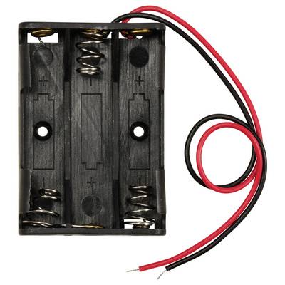 'Schwarzer Kunststoff-Batteriehalter für zwei AA-Batterien mit roten und schwarzen Anschlussdrähten.'