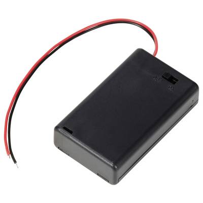 Schwarzes Batteriegehäuse mit rotem und schwarzem Draht; dient zur Stromversorgung von elektronischen Geräten.