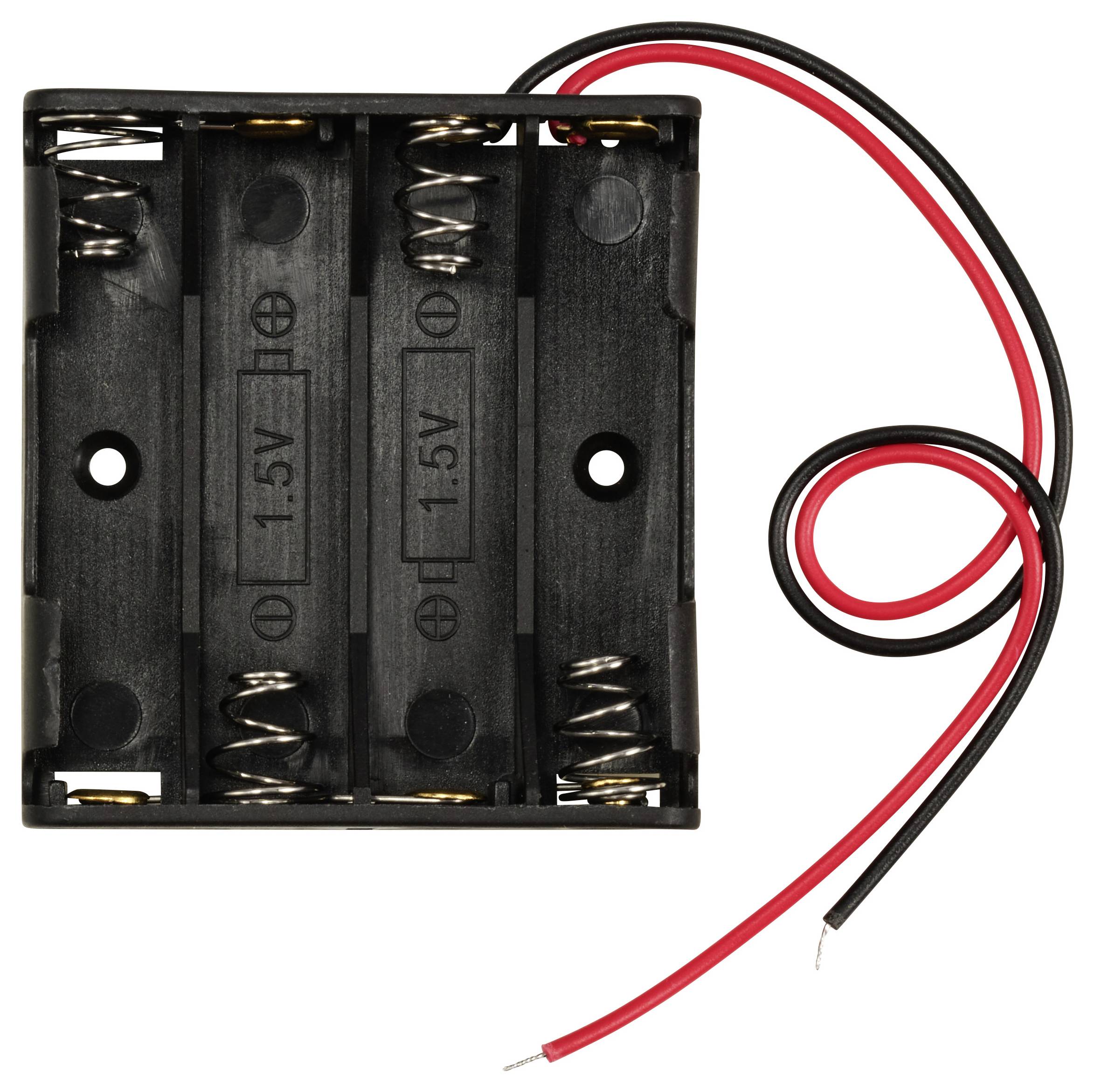 Schwarz-weißes Batteriegehäuse für zwei AA-Batterien mit roten und schwarzen Kabeln zum Anschließen an ein elektrisches Gerät.