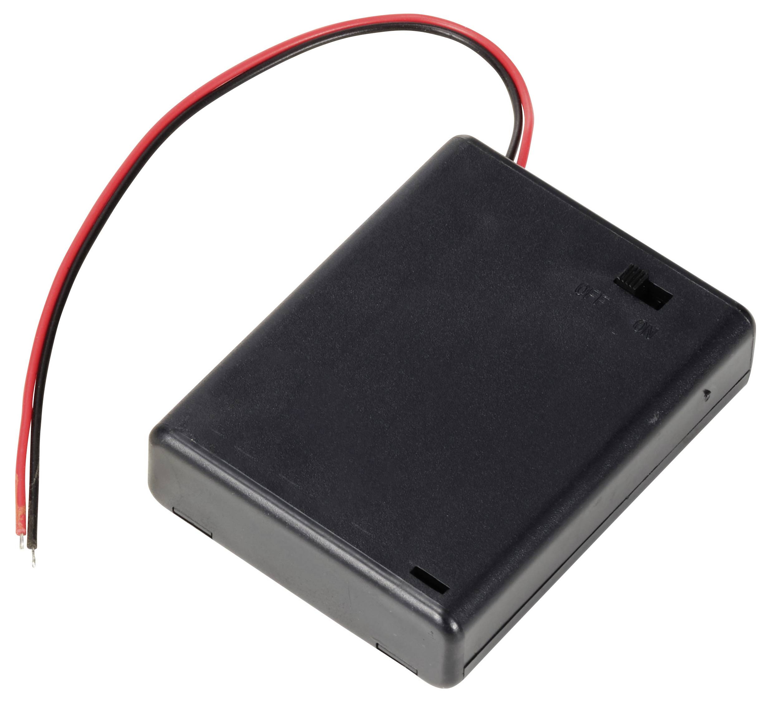 Schwarzes Batteriegehäuse mit roten und schwarzen Kabeln zur Stromverbindung.