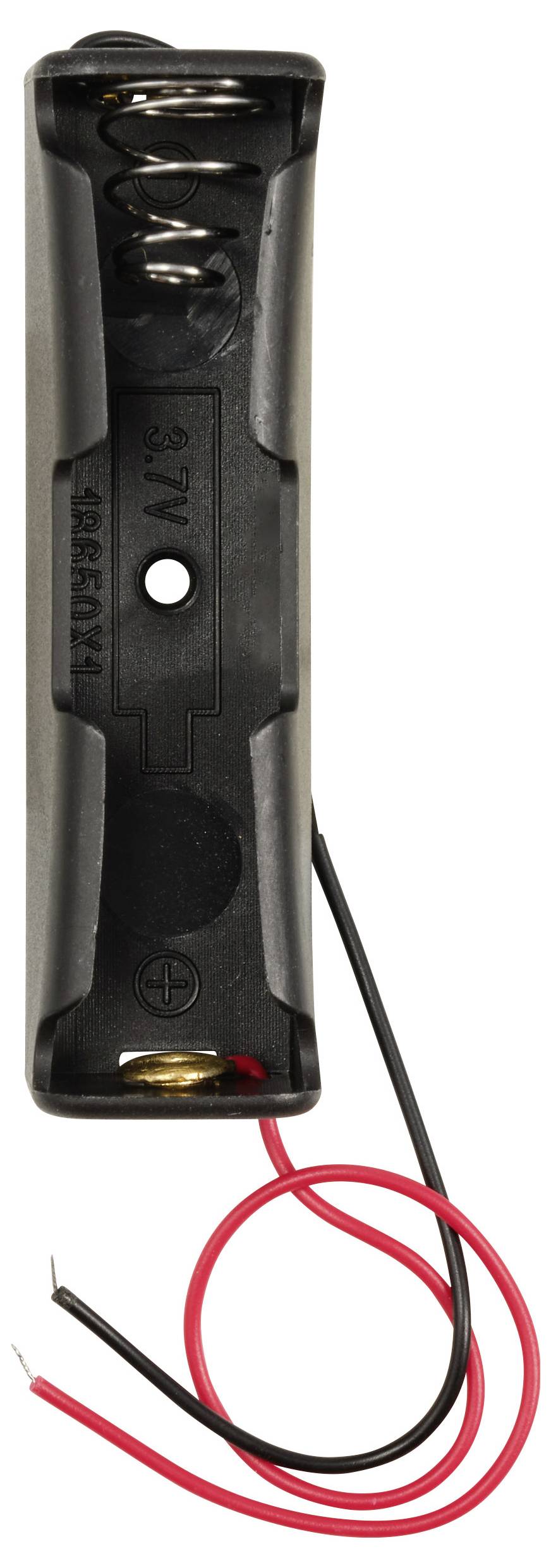 Schwarzer Batteriehalter für 1 AA-Batterie mit rotem und schwarzem Anschlusskabel, geeignet für DIY-Elektronikprojekte.