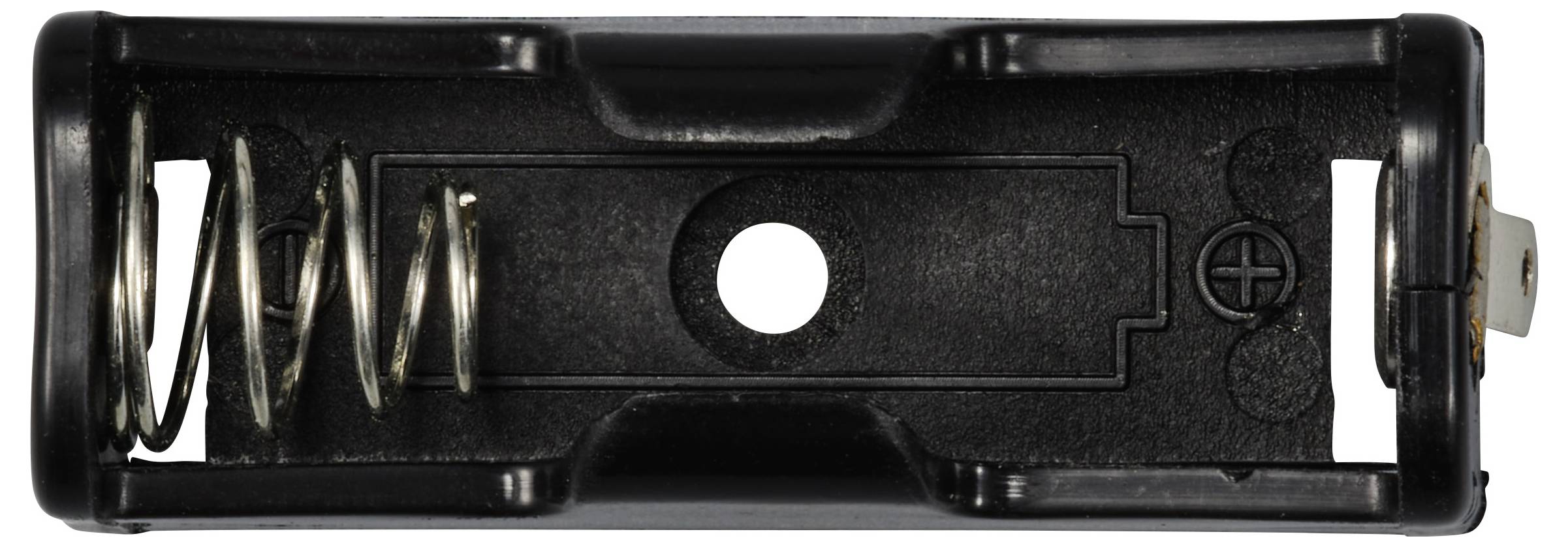 Batteriehalter für eine AA-Batterie aus schwarzem Kunststoff mit Feder auf der linken Seite und positiver Kontaktplatte auf der rechten Seite.