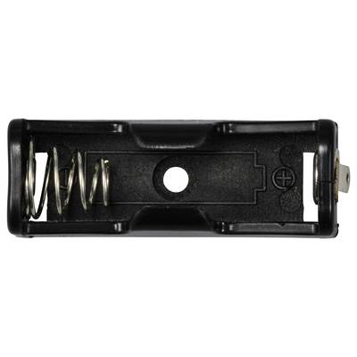 Batteriehalter für eine AA-Batterie aus schwarzem Kunststoff mit Feder auf der linken Seite und positiver Kontaktplatte auf der rechten Seite.