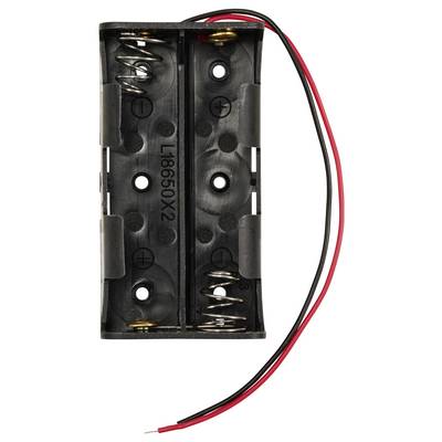 Batteriehalter aus Kunststoff, geeignet für zwei 18650-Zellen. Rote und schwarze Kabel sind zum Anschluss angebracht.