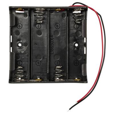 Ein leerer schwarzer Batteriefachhalter für vier AA-Batterien mit positiven und negativen Anschlüssen, zwei Kabel ragen heraus.