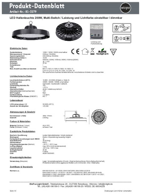 mlight 81-3279 81-3279 LED-Hallenleuchte LED LED fest eingebaut  120 W, 160 W, 200 W Schwarz