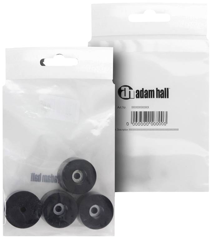 Zwei transparente Verpackungen zeigen jeweils vier schwarze Gummifüße. Die Verpackungen sind mit einem Marken- und Artikelaufkleber versehen.