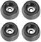Vier schwarze Gummifüße mit kreisförmiger Form und zentraler Bohrung, angeordnet in einem quadratischen Muster auf weißem Hintergrund.
