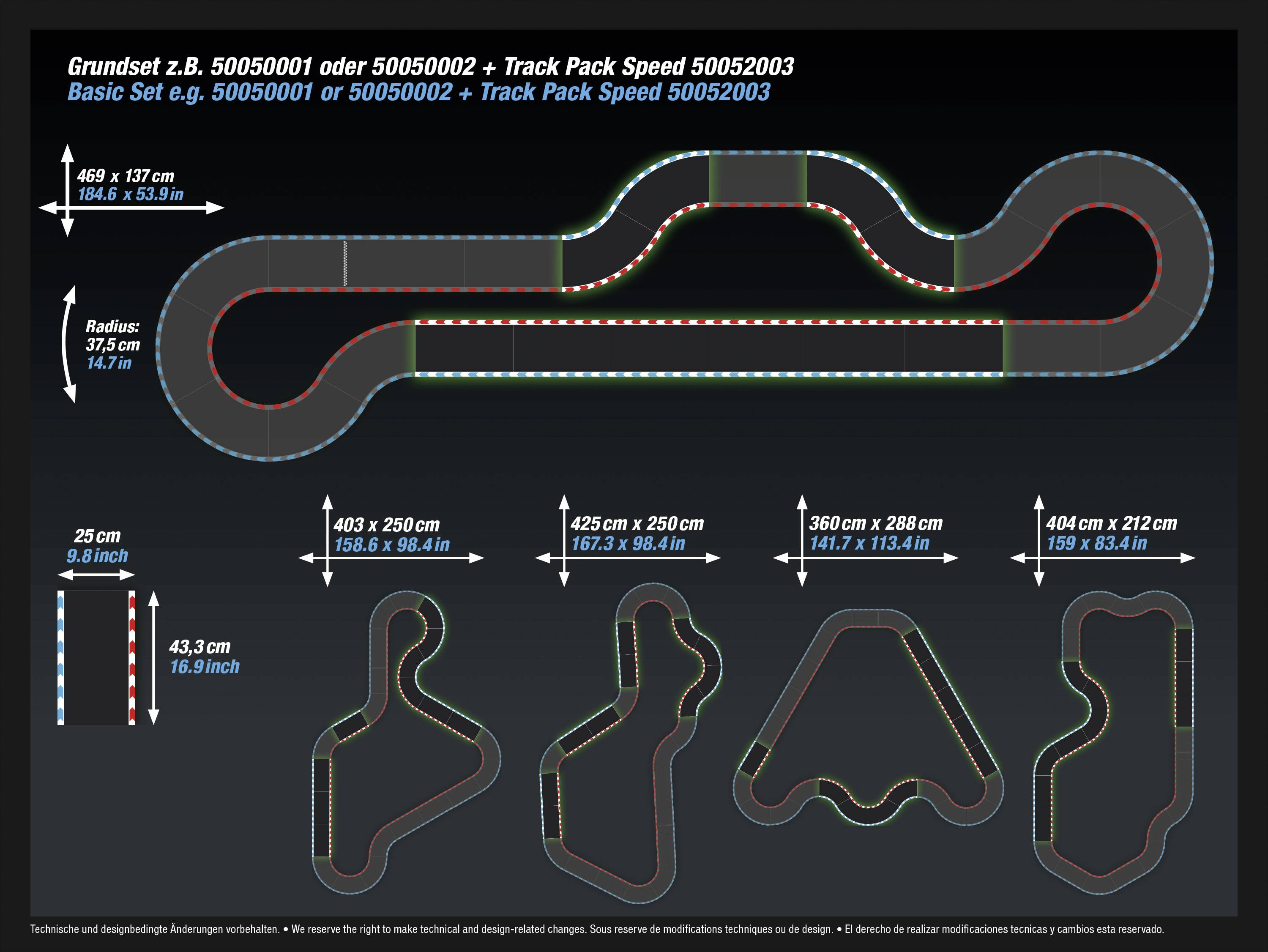 Rennstrecken-Layout mit vier verschiedenen Streckenvarianten. Enthält Dimensionen und einen Maßstab zur Veranschaulichung der Größen.