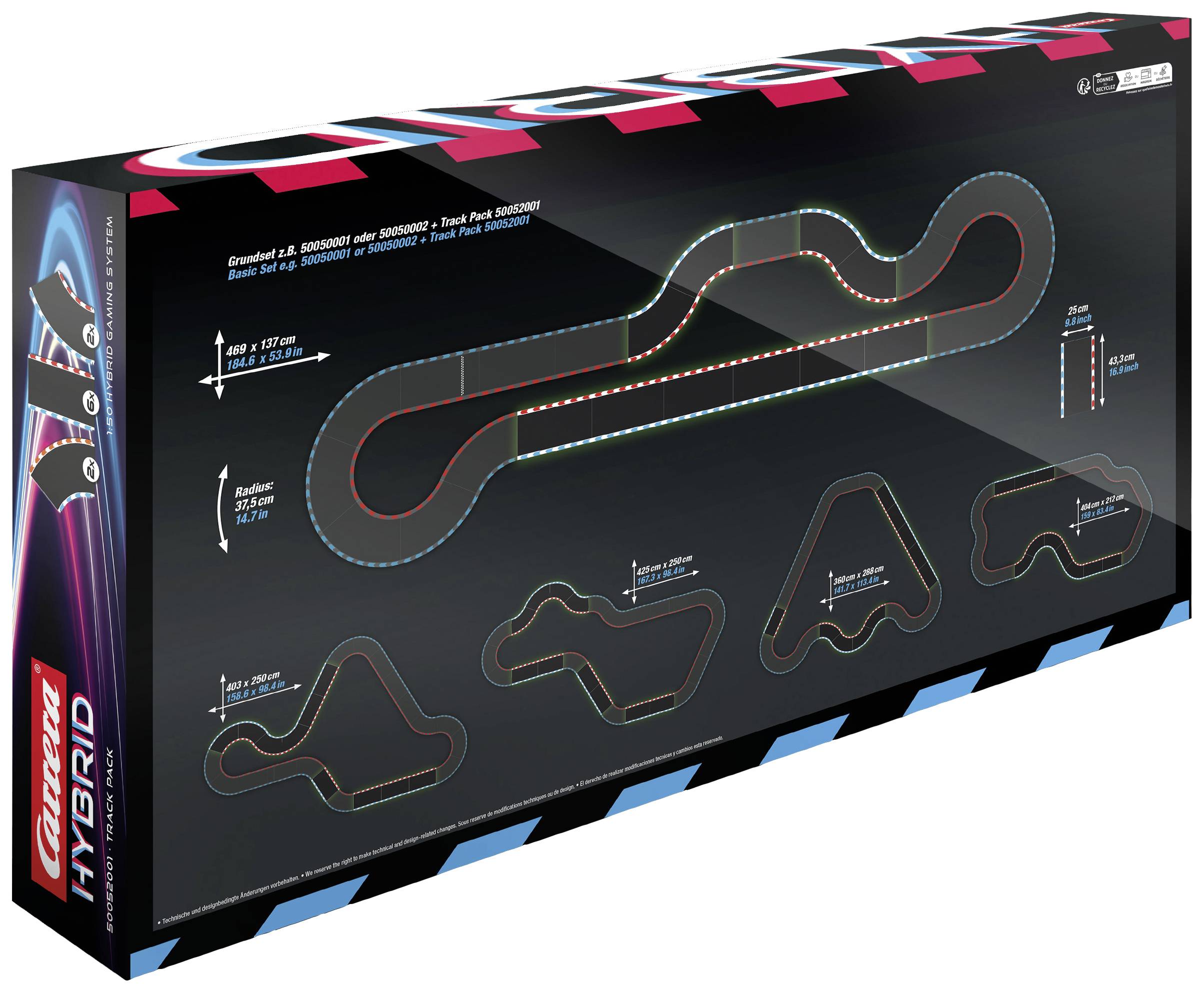 Verpackung von Carrera Digital 132 Autorennbahn. Zeigt eine schwarze Strecke mit roten Details und mehrere Streckendesigns.