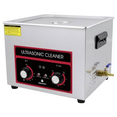 Ultraschallreiniger, silberfarben, mit zwei Drehknöpfen für Zeit- und Temperatureinstellung und rotem Bedienfeld. Eignet sich zum Reinigen von Gegenständen.