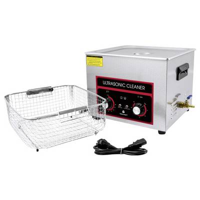 Ein Ultraschallreiniger mit Metallkorb und Netzkabel. Gerät zeigt Bedienelemente und Schaltflächen auf der Vorderseite.