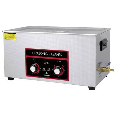 Ultraschallreiniger mit zwei Drehknöpfen zur Temperatureinstellung und Laufzeitsteuerung, Metallgehäuse mit Wasserablaufanschluss.