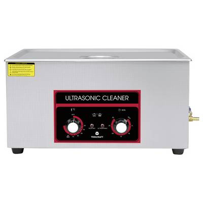 Ultraschallreiniger mit Bedienelementen und Anzeiger für Timer- und Heizfunktion. Silbernes Gehäuse mit schwarzer Frontblende.
