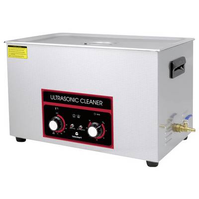Ultraschallreiniger mit Edelstahlgehäuse, zwei Drehknöpfe für Einstellung von Temperatur und Zeit, seitlicher Wasserablauf.