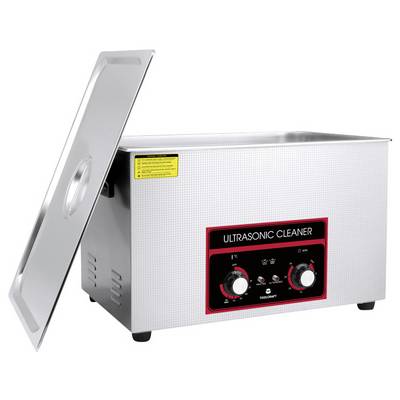 Ein Ultraschallreinigungsgerät mit Edelstahlgehäuse, offenem Deckel und Bedienfeld mit Drehknöpfen für Zeit- und Temperatureinstellung.