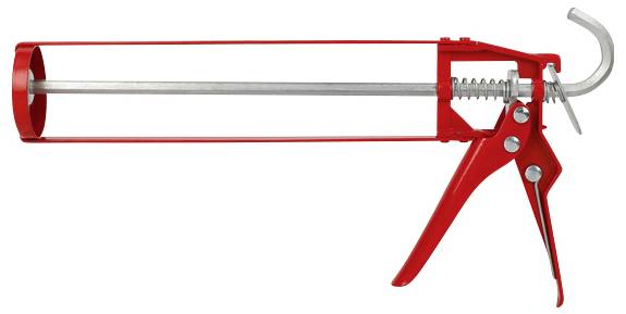 Eine rote Kartuschenpresse zum Verarbeiten von Dicht- oder Klebstoffkartuschen. Sie besteht aus Metall mit einem Abzugsmechanismus.