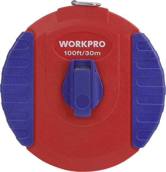Rotes Maßband mit blauen Seiten, Aufschrift 'WORKPRO 100ft/30m' auf der Vorderseite.