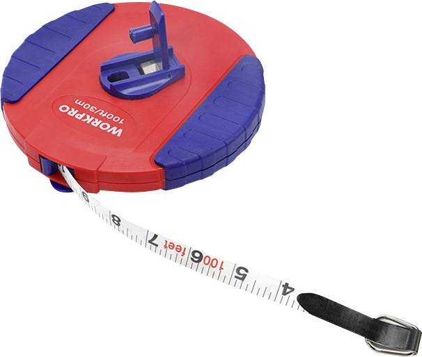 Ein blau-rotes Maßband mit der Aufschrift 'WORKPRO' auf dem Gehäuse. Das Band ist teilweise ausgezogen und zeigt Zentimeter-Maße.