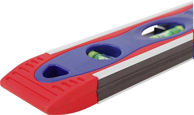 Wasserwaage mit rotem Gehäuse und blauen Details, zeigt zwei Libellen zur Kontrolle der Horizontalität.