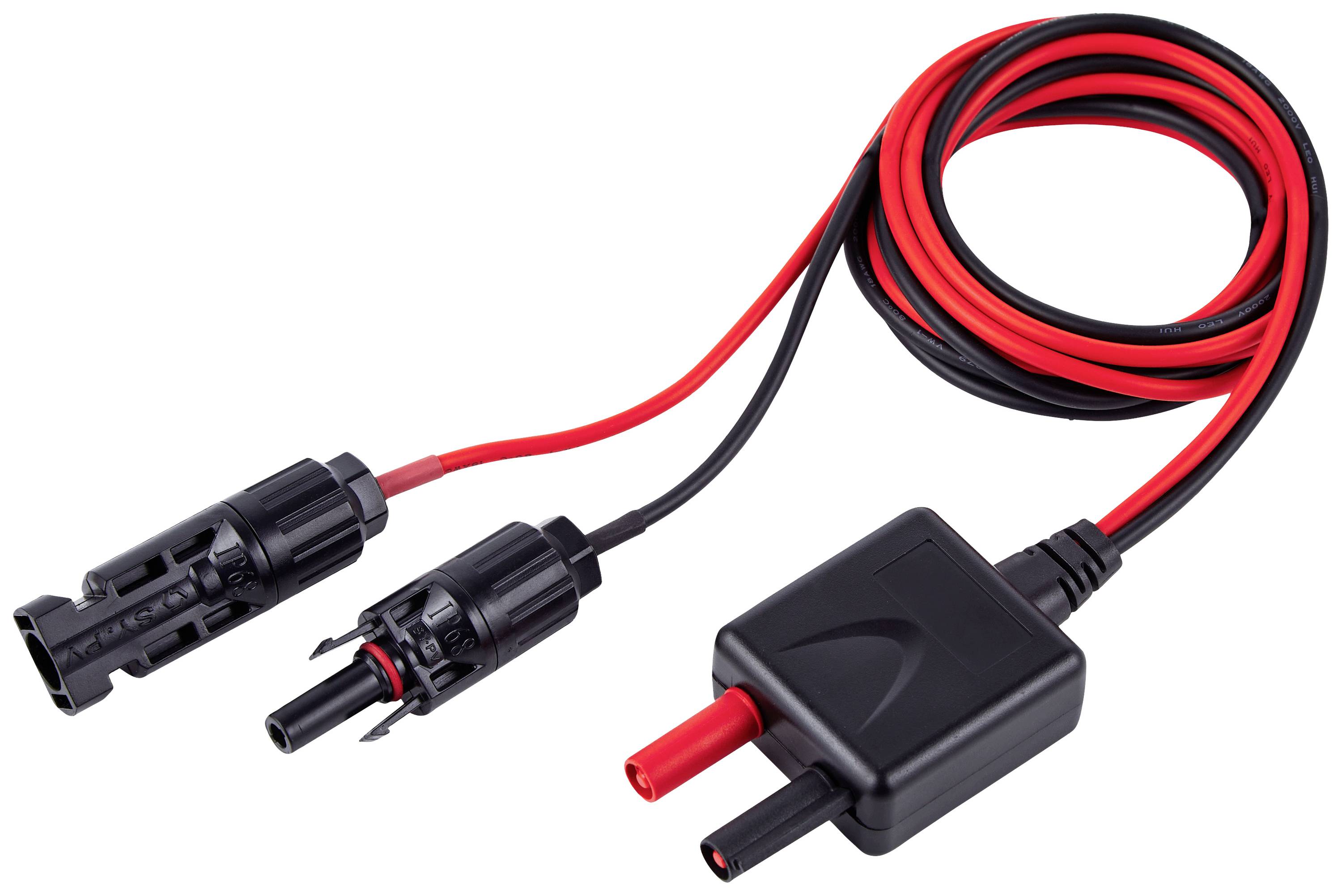 Schwarz-rotes Solarkabel mit MC4-Steckverbindern und Adapter, ideal für die Verbindung von Solarpanels an Regler oder Batterie.