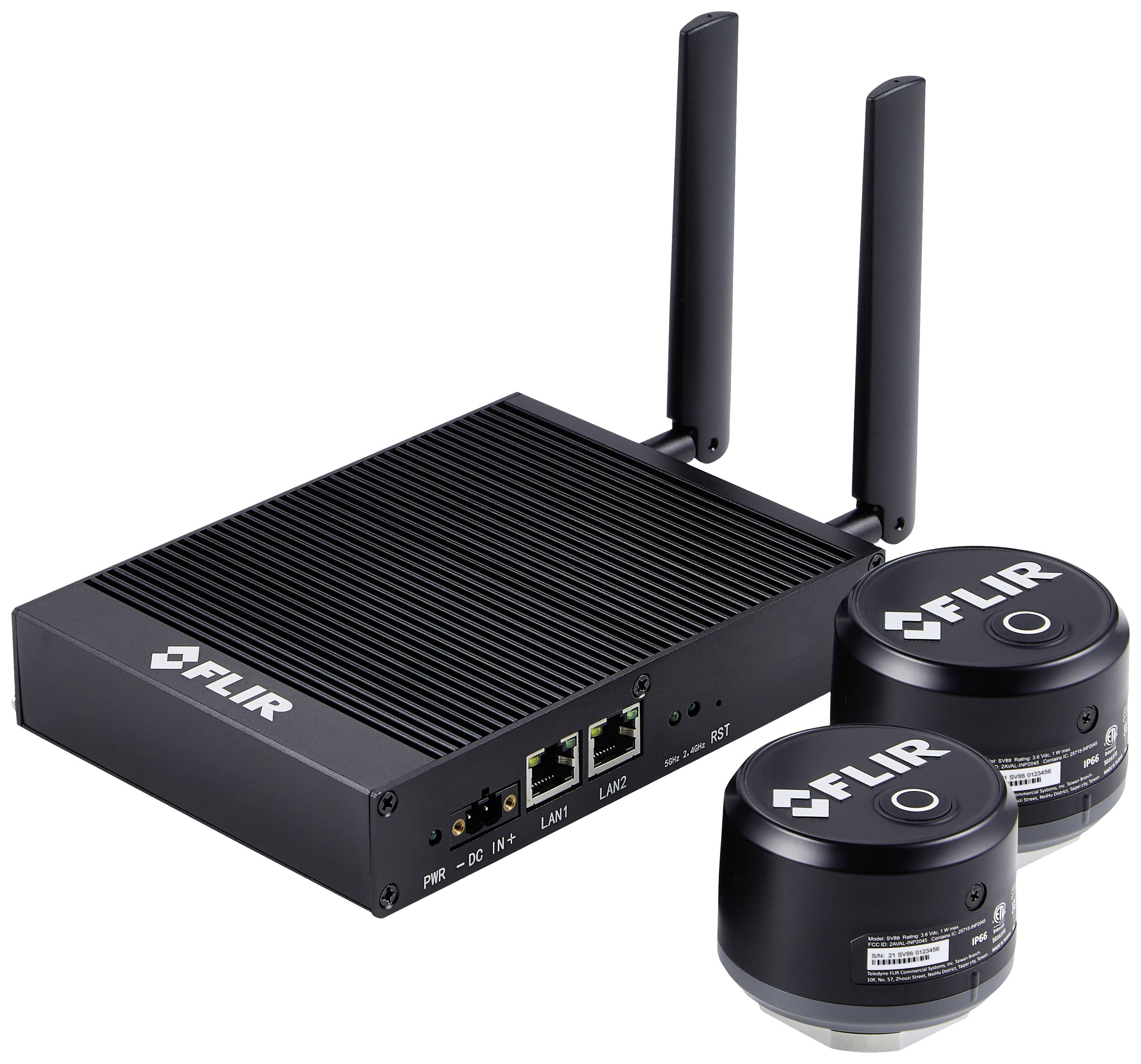 'FLIR VHUB-3' System mit zwei Sensoren und Antennen, dient zur Temperaturüberwachung und Sicherheitsüberprüfung.