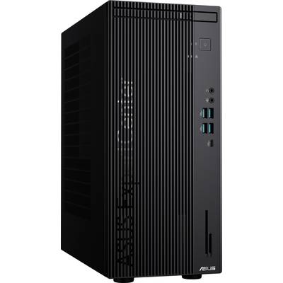 Schwarzer Tower-PC mit vertikalen Lüftungsschlitzen und mehreren USB-Anschlüssen an der Vorderseite, geeignet für Büroanwendungen.