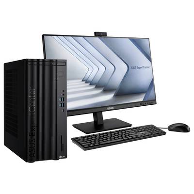 Ein Desktop-Computer mit Bildschirm, Maus und Tastatur; der Monitor zeigt das Logo 'ASUS ExpertCenter'.