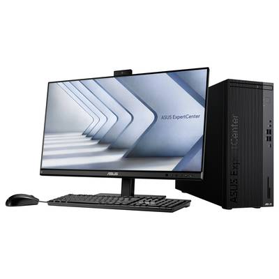 Ein Desktop-PC-Setup mit Monitor, Tastatur und Maus. Der Bildschirm zeigt ein stilisiertes Bild mit geometrischen Formen und dem Text 'ASUS ExpertCenter'.