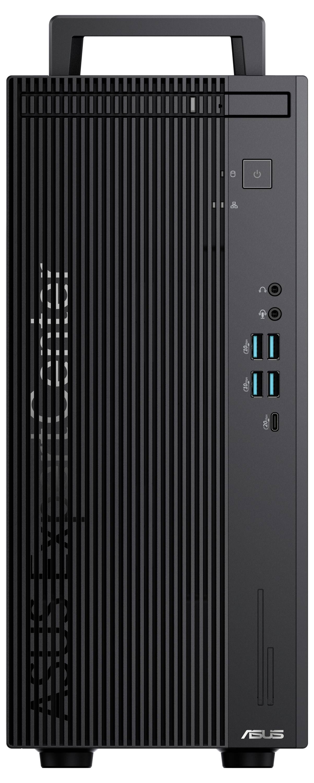 Schwarzer Desktop-Computer im Hochformat mit belüfteter Vorderseite, USB-Anschlüssen und Audiobuchsen. Markenzeichen unten rechts.