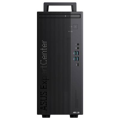 Schwarzer Desktop-Computer im Hochformat mit belüfteter Vorderseite, USB-Anschlüssen und Audiobuchsen. Markenzeichen unten rechts.