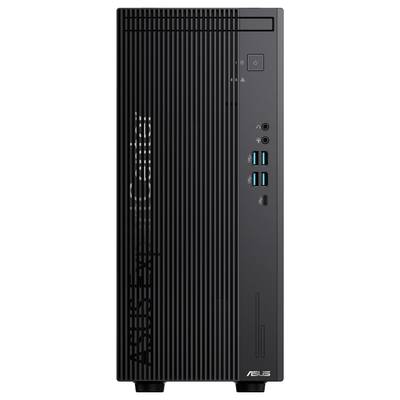 Schwarz-vertikal gestreifter Desktop-PC-Turm mit mehreren USB-Anschlüssen vorne, darunter vier USB-Ports und ein Kopfhöreranschluss.