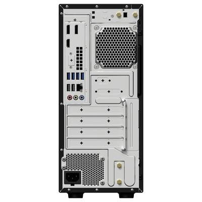 Die Rückseite eines Computergehäuses mit verschiedenen Anschlüssen: HDMI, USB-Ports, Audioausgänge, Lüftungsgitter und Netzanschluss.
